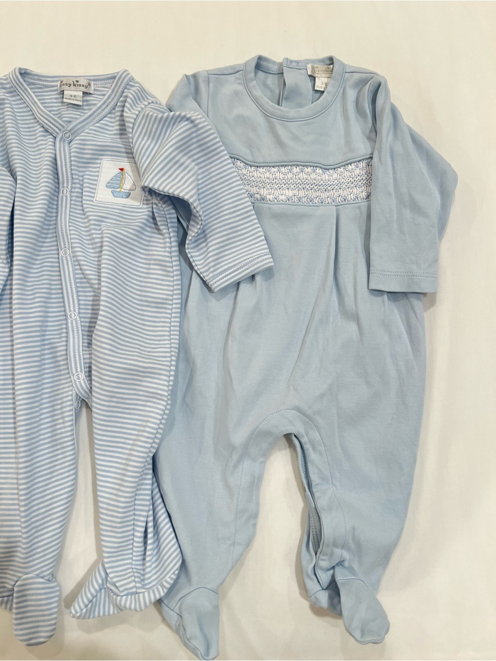 Kissy Kissy Set of 2 Pima Cotton Baby Blue Footed One-Piece Rompers - Picture 2 of 8